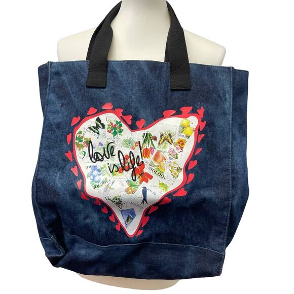 Diane Von Furstenberg In Style Floral Butterfly Stamp Denim Jean Tote Bag - Picture 1 of 7